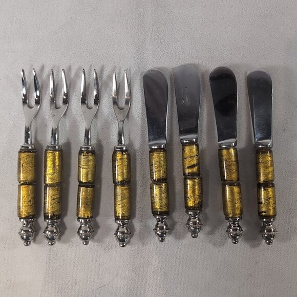 TAG 8 Set Glass Bead 4 Butter Knife 4 Pickle Fork Green Gold Silver Metal Spread - Picture 1 of 13